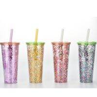 【YP】 Cross-border hot 24oz double-layer plastic cup transparent sequin straw with lid milk tea wholesale