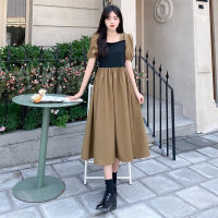 Spot parcel post Hepburn Style Square Collar Short Sleeve Dress Korean Style chic Spring and Summer New Fashion Stitching Fake Two-Piece Summer