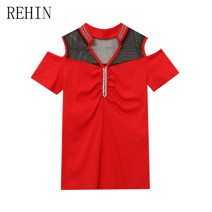 rehin-เสื้อยืดแขนสั้นผู้หญิง-เสื้อยืดแฟชั่นคอวีแบบโพรงกลวงแฮนด์เมดดีไซน์ดั้งเดิมติดเพชรเสื้อเชิ้ตเข้ารูปแฟชั่นฤดูร้อน