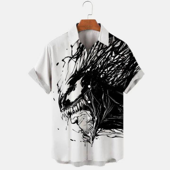 เสื้อยืดพิมพ์ลายดิจิทัลแนวฮาวายสำหรับผู้ชาย-เสื้อมีกระดุมพิมพ์ลายดิจิทัลแนวสยองขวัญชายหาดแนวฮาวายลำลองทรงหลวมเสื้อเชิ้ตฤดูร้อน
