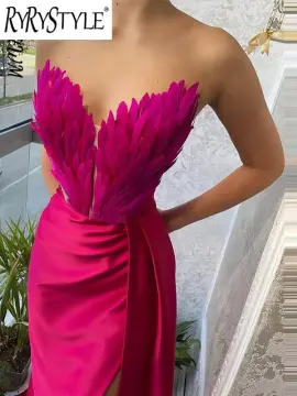 Strapless Feather Asymmetric Split Prom Dresses Off Shoulder