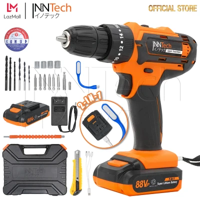 InnTech สว่านไร้สาย สว่านกระแทก สว่านแบต ไร้สาย 3 ระบบ 88V รุ่นใหม่ สว่าน 2 IN 1 พาวเวอร์แบงค์ แบตเตอรี่ ชารจ์โทรศัพท์ได้ แถมฟรี! สายชาร์จ 1 ออก 3 และไฟ LED ขนาดพกพา พร้อม อุปกรณ์ เครื่องมือช่าง ครบชุด รุ่น GSB-88V-LT [PRO-SERIES] MD01