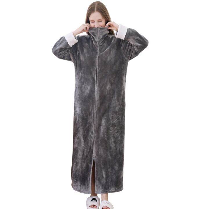 xiaoli-clothing-ชุดกิโมโนเสื้อคลุมคอรัลฟลีซยาวขนาดเพิ่มฤดูหนาวผู้หญิงผ้าสักหลาดที่ให้ความอบอุ่นเสื้อคลุมอาบน้ำเสื้อตัวยาวแบบโอเวอร์ไซส์สวมสบายชุดนอน