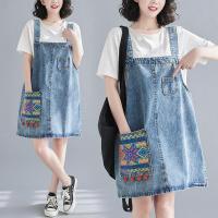 ร้อน, ร้อน★New large size dress womens embroidered pocket ethnic style denim mid-length suspender skirt