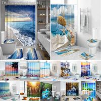 【CW】❂  Coastal Beach Scenery Printing Shower Curtain Pedestal Rug Lid Toilet Cover Set with 12 Hooks