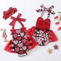 Valentines Day Newborn Baby Girls Romper Dress 2 Colors Sleeveless LOVE Heart Print Sequined Lace Patchwork Jumpsuits