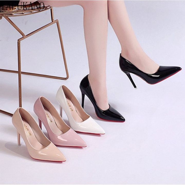 รองเท้าส้นเข็มผู้หญิง-รองเท้าส้นรองเท้าส้นสูงสีดำแฟชั่นหนังที่ลื่นมันวาวสีขาวสีชมพูรองเท้าแต่งงานผู้หญิงส้นเข็มสีแดง42-43