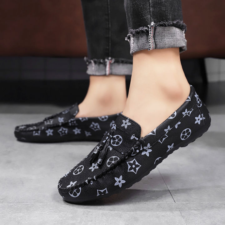 2021Loafers Man Casual Shoes Slip-on Flat Shoes Leather Moccasin Shoes Fashionable Trendy Soft Footwear Breathable Printing Sneakers
