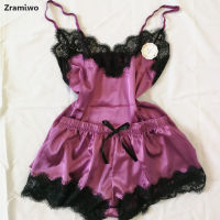 Womens Sleepwear y Satin Pajama Set Black Lace V-Neck Pyjamas Sleeveless Cute Cami Top and Shorts