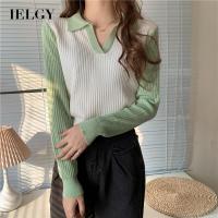 IELGY เสื้อสเวตเตอร์คอปกโปโลผู้หญิงทรงสลิมฟิตสีคมชัด