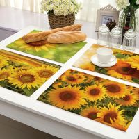 【LZ】☑  42x32cm Yellow Sunflower Kitchen Placemat Green Leaves Sunflower Landscape Linen Dining Table Mat Plant Coaster Pad Home Decor