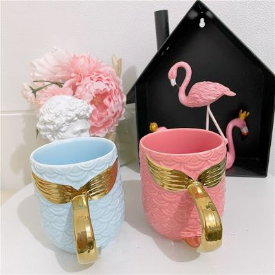 【High-end cups】น่ารักเซรามิกเมอร์เมดเช้าแก้วสีชมพูมิ้นท์สีเขียวชุบทอง Handel พอร์ซเลนป้องกันร้อนอาหารเช้านมกาแฟชาของขวัญถ้วย420มิลลิลิตร