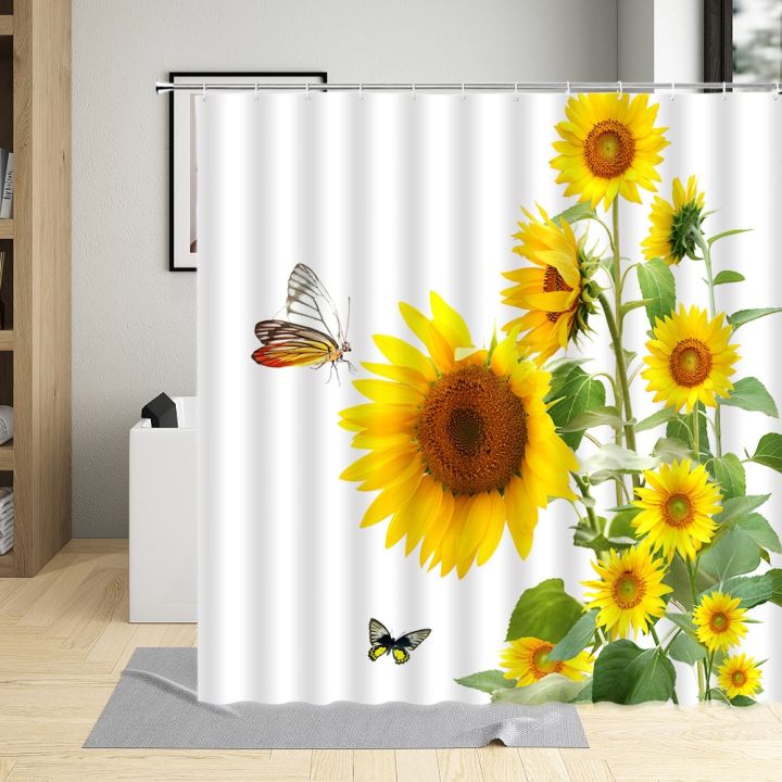 butterfly-sunflower-shower-curtains-nature-yellow-flowers-creative-grey-wooden-board-rural-plant-polyester-fabric-bathroom-decor