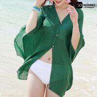 gowinter V-neck Irregular Sleeve Single Breasted Bikini Shirt Thin Breathable Chiffon Bikini Cover Up Sundress