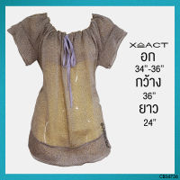 USED Xact - Brown Floral Bow Top | เสื้อแขนสั้นสีน้ำตาล สีม่วง ลายดอก ระบาย โบว์ ซีทรู ทำงาน แท้ มือสอง