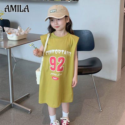 AMILA กระโปรงชุดฝ้ายบริสุทธิ์สำหรับเด็กผู้หญิง,เสื้อเชิ้ตพิมพ์ลายตัวอักษรแห้งเร็วระบายอากาศยาวปานกลาง