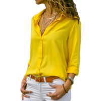 Women Yellow Chiffon Blouse Sexy Autumn Long Sleeve Button Asymmetrical Shirt Female Work Wear Shirt Blouse Oversized ARJ-196Y