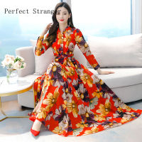 Autumn New Arrival High Quality Elegant Turn Down Collar Long Sleeve Printed Women Chiffon Long Dress