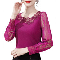 M-4XL Hot Sale Lace shirt Womens Long-sleeved Mesh Tops 2021 New Autumn Hot drilling Hollow blouse blusa feminina