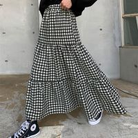 【CW】 Flectit Gingham Skirt Cotton Elastic Waist Tiered Pleated Ladies falds