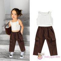 [ส่งของ]BABYGARDEN-1-6years Baby Girl´s Two-Piece Suit, Sleeveless Round Neck Cropped Tank Tops Pants with Multiple Pockets