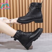 ZAZA Sepatu BOOT Pendek สีดำสไตล์เกาหลีสำหรับผู้หญิง,รองเท้าบูทสไตล์อังกฤษพื้นรองเท้ารองเท้าบู้ตหนังส้นตึกรองเท้าบูท Martin