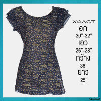 USED Xact - Navy Blue Floral Ruffle Top | เสื้อแขนสั้นสีกรมท่า สีเหลือง ลายดอก ลายกราฟฟิก ระบาย เสื้อแขนระบาย ทรงใหญ่ ทำงาน แท้ มือสอง