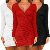 White Mini Dress Women Spring 2021 Sexy V-Neck Long Sleeve Pleated Tight Black Dress Woman Night Club Party Red Dresses Vestidos