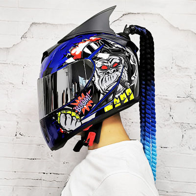 Full Face Safe Motorcycle Helmet double lens latest version ABS Material Motocross Helmet Motorbike Individuality braids horns