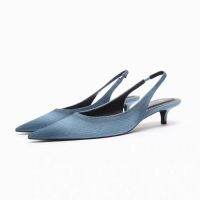 summer new blue denim fabric high-heeled shoes pointed cat with shallow za.raˉ mouth all-match Muller casual sandals