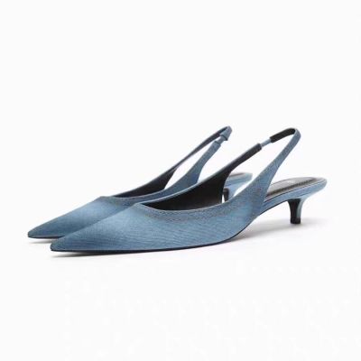 za summer new blue denim fabric high-heeled shoes pointed cat with shallow mouth all-match Muller casual sandals