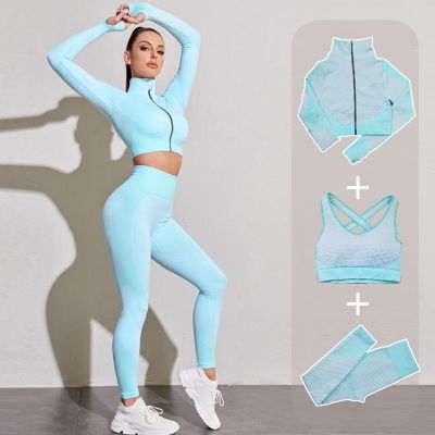 Seamless Women Yoga Gym Sports Suits Fitness Workout Running Clothing Sportswear Long Sleeve Crop Top Leggings Bra Athletic Set