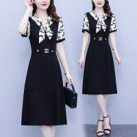 [COD] 2022 summer new fat short-sleeved bow-knot collar printed dress splicing temperament elegant and thin A-line