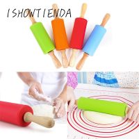 Wooden Handle Silicone Rollers Rolling Kid Kitchen Cooking Baking Tool Noodle Biscuit Fondant Cake Dough Engraved Roller