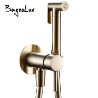 Bagnolux Brushed Gold Toilet Held Bidet Sprayer Kit with Hose and Holder Wall Mounted Hot and Cold Mixed Type Bathroom Faucet