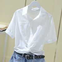 COD tjjs079 Short shirt womens short sleeve 2021 womens loose folds short white shirt wome短款衬衫女短袖2021女装宽松褶皱短款白色衬衣女外穿baobao520.sg 4.2