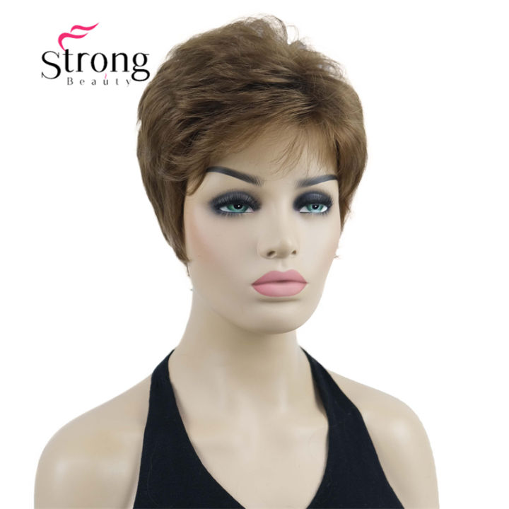 strongbeauty-ธรรมชาติมองสั้นปุยสีน้ำตาลทองเต็มวิกผมสังเคราะห์