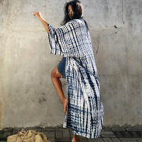 FORERUN Kimono Cardigan Women Summer Printed Loose Elegant Belted Bohemian Long Dress Cotton Beach Wear Swimsuit Cover Ups