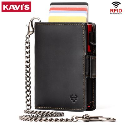 KAVIS Women Wallets Crazy Horse Leather Pop-Up Card Holder RFID Protect Credit Cardholder Ziper Coin Purse with Anti-theft Chain Card Holders