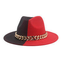 QBHAT Black and Red Patchwork Chain Fedoras Hat for Women Men Uni Church Hat Wide Brim Party Gradient Jazz Top Hat шапка