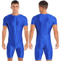 Mens Glossy แขนสั้นซิปบอดี้สูท ชุดว่ายน้ำสีทึบชุดว่ายน้ำกีฬา Beach Surfing เครื่องแต่งกาย Rash Guards