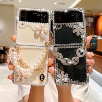 เคสโทรศัพท์ลายดอกไม้ประดับเพชรแนวทแยงเหมาะสำหรับ Samsung Zflip3สร้อยข้อมือไข่มุก Zflip4พับได้ Zflip1/2หรูหรา Dingsheng