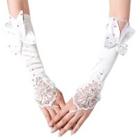 ◄✟ Stain Long Womens Wedding Gloves Ivory Fingerless Lace Bridal Crystal Bow Flower for Bride Rhinestone