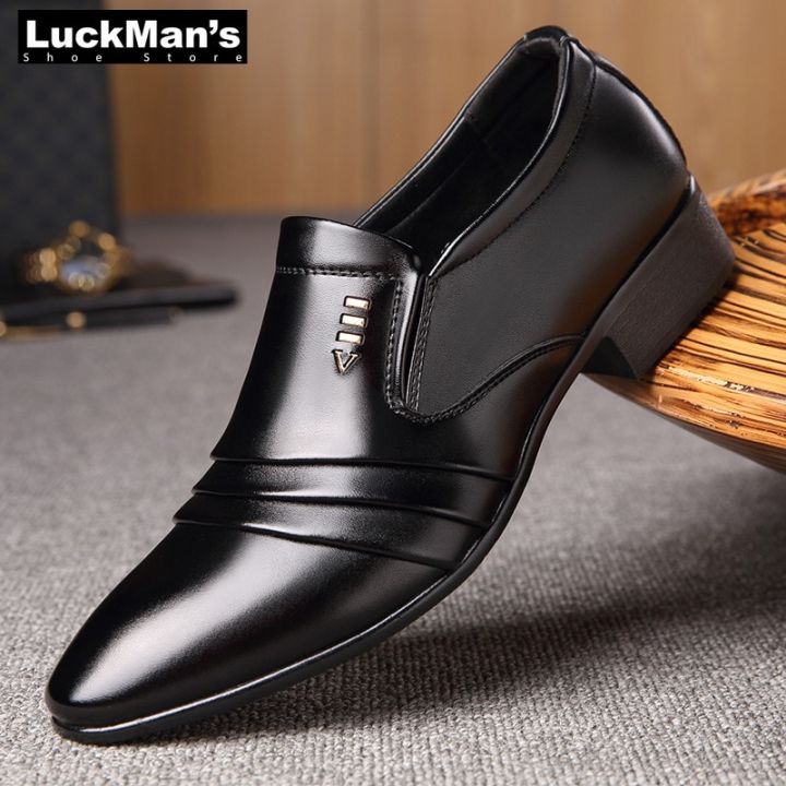 luckman-รองเท้ารองเท้าชุดเดรสหนัง-pu-สำหรับผู้ชาย-รองเท้าธุรกิจผู้ชายแนวแฟชั่นรองเท้าหนังหุ้มข้อผู้ชายแหลมสีดำรองเท้ารองเท้างานแต่งงานเป็นทางการระบายอากาศผ้าอ๊อกซ์ฟอร์ด