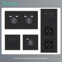 BSEED EU Button Switches With Power Socket 1/2/3Gang 1Way Electrical Outlets With USB Type-C Wall Socket 16A Plastic Panel