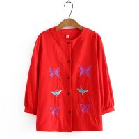 【มีไซส์ใหญ่】Plus Size XL-4XL Womens 3/4 Sleeve Butterfly Embroidery Full Cotton Blouses Ladies Office-wear Button Up A-line Spring Summer Tops