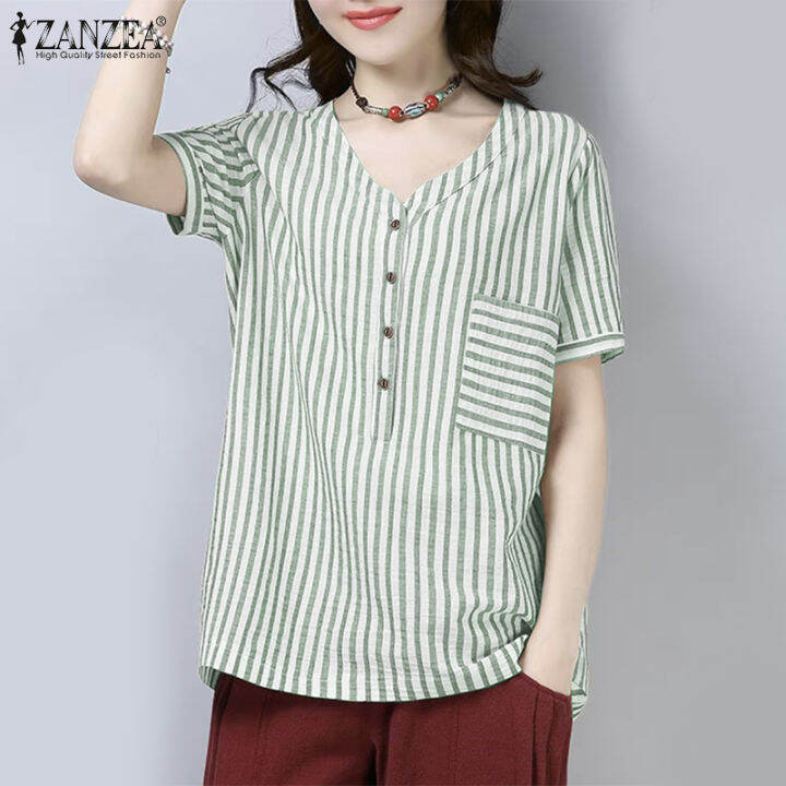 สินค้ามาใหม่-จัดส่งฟรี-fancystyle-zanzea-เสื้อกระดุมวินเทจด้านหน้าของผู้หญิงหลวมพิมพ์ลายทางเสื้อคอวี-8