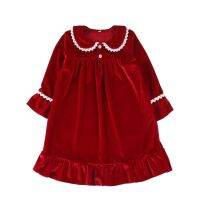 Luxury Velvet Pjs Christmas Girls Nightdress Lace Long Sleeve Kids Sleepwear Baby Nightgown