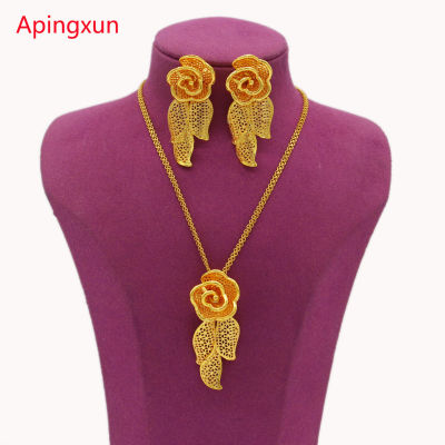 Apingxun 24K Gold Color Luxury Pendent Necklace&amp;Earrings Set Women Bridal Wedding Charm Jewelry African Arab Grils Party Jewelry