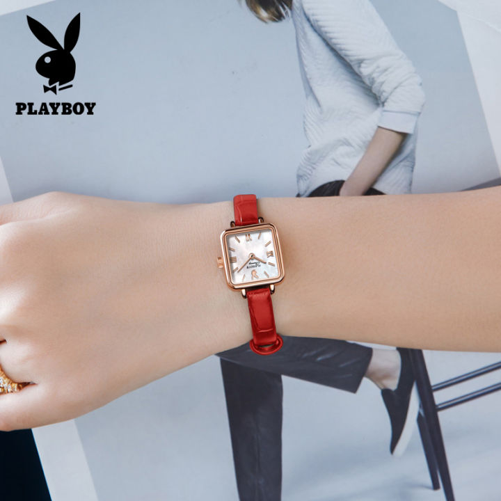 ซื้อ1-take1-นาฬิกาหรูหรา-playboy-สำหรับผู้หญิงสายหนังหน้าปัดสี่เหลี่ยมกันน้ำ